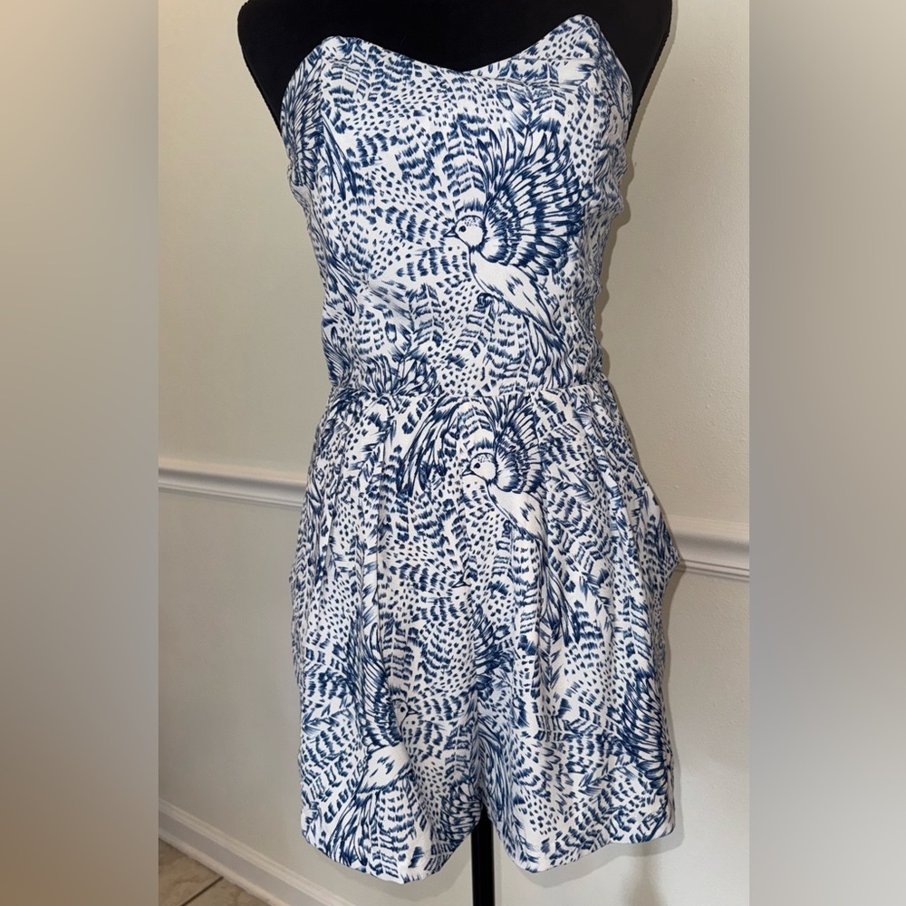 Elegant Blue and White Patterned Romper